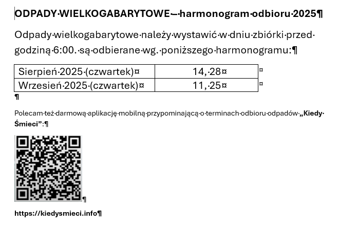 Harmonogram odbioru odpadów gabarytowych