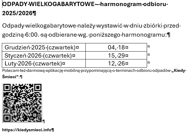 Harmonogram odbioru odpadów gabarytowych